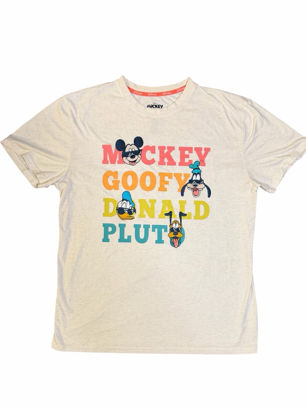Disney Mickey & Friends Tee w/ Goofy, Donald & Pluto names & embroidered faces.